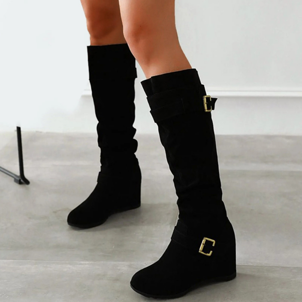 WW | Damen Knielange Stiefel Mit Keilabsatz Und Riemenschnallen Legere Hohe Stiefel