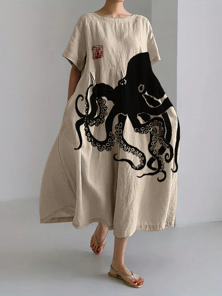 WW | Langes Kleid Aus Halb Leinen Mit Japanischem Muster in Oktopus Leinen