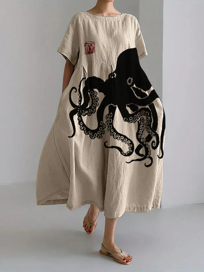 W&W Mode | Langes Kleid Aus Halbleinen Mit Japanischem Muster Aus Octopus Leinen