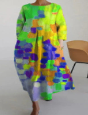 WW | 3d Baumwolle Und Leinen Kleid Mit Halbem Ärmel