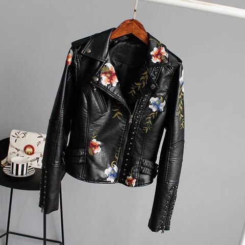 WW | Lederjacke mit Blumenstickerei