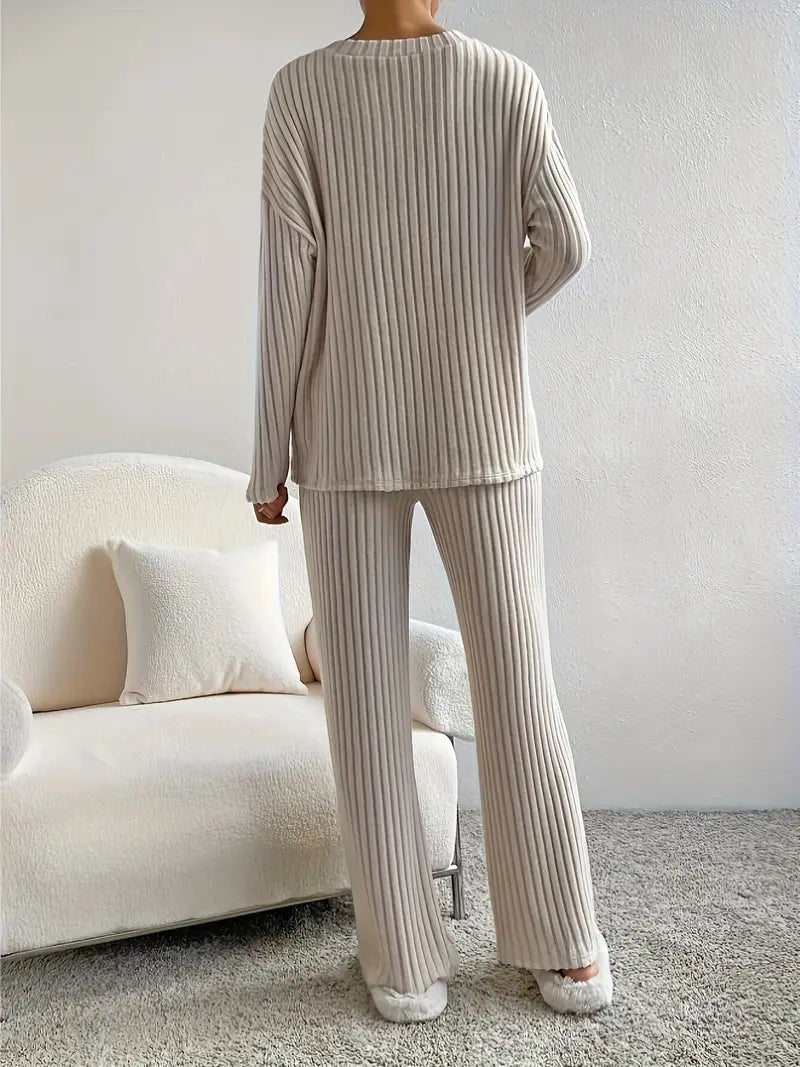 WW 2-teiliges Set | Eleganter gerippter Damenanzug mit V-Ausschnitt-Pullover und passender Hose