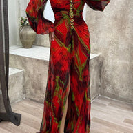 WW | Sunset Serenade Bedrucktes Off-Shoulder Maxikleid mit Diamantverzierungen und Faltenröcken mit Schlitz