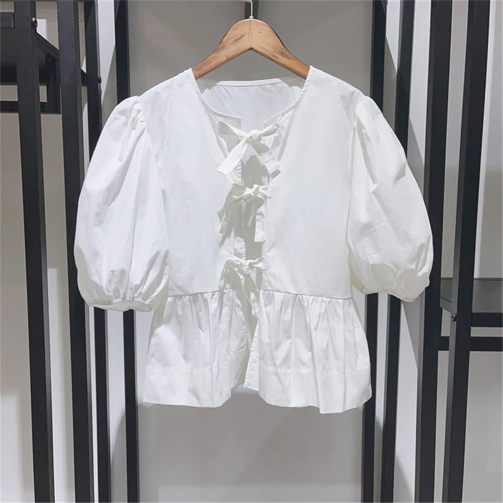 WW | Bluse mit Krawatte und Puffärmeln für Damen