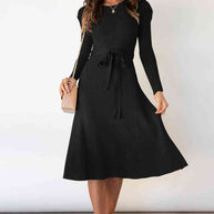 WW | Rundhalsausschnitt Langarm Knoten Taille Pullover Kleid