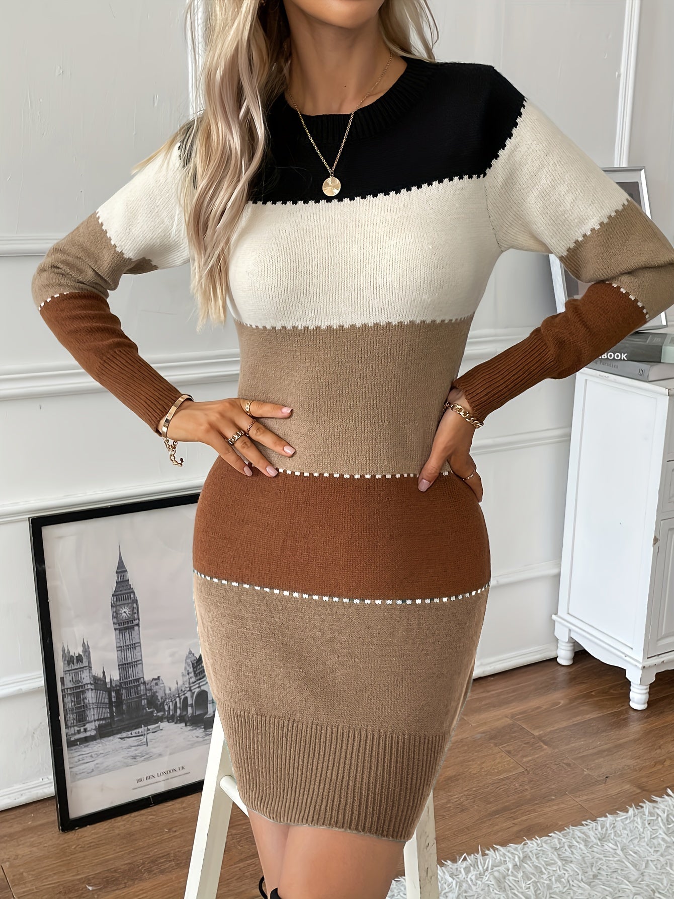 WW | Schicke Herbst Farbblock Langarmkleid für Frauen
