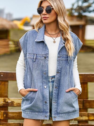 W&W Mode - knöpfbare, geknöpfte ärmellose Denim-Jacke