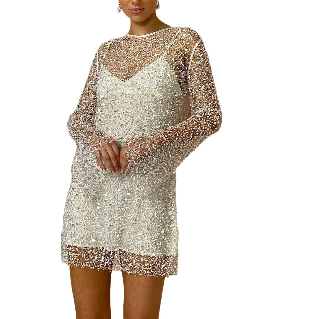 WW | Perlen See-through Mesh Zweiteiliges Set Sling Kleid