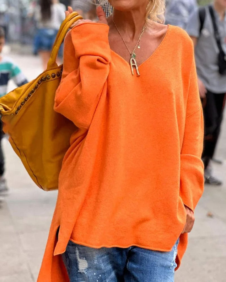 W&W Mode | Oversize Orangefarbener V Ausschnitt Pullover