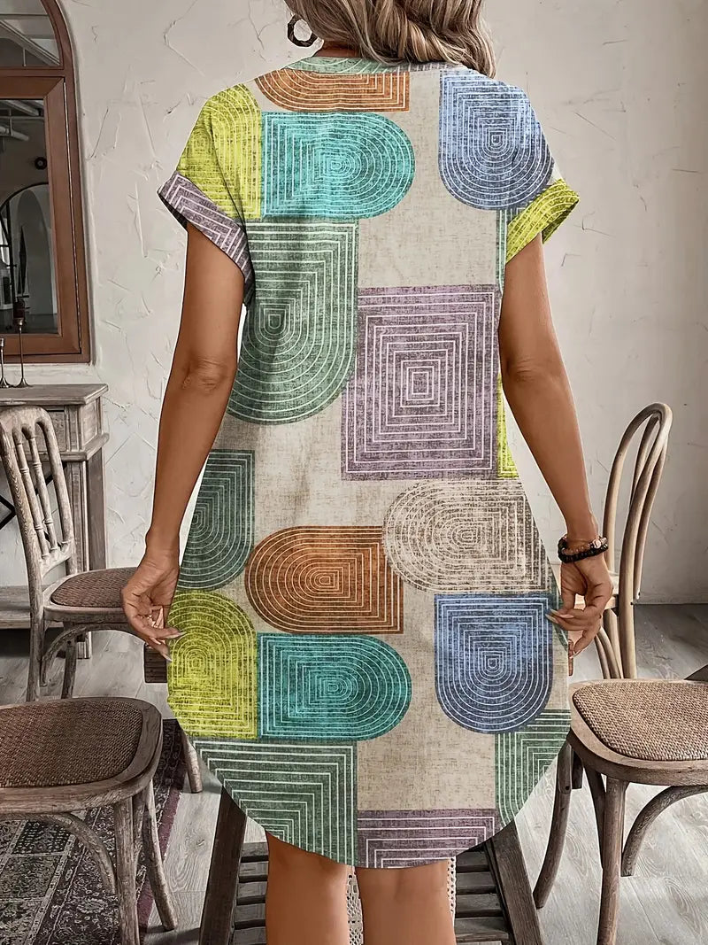 WW | Sommerhemd mit Geometrischem Druck V-Ausschnitt und Knopfverschluss Elegantes Midikleid