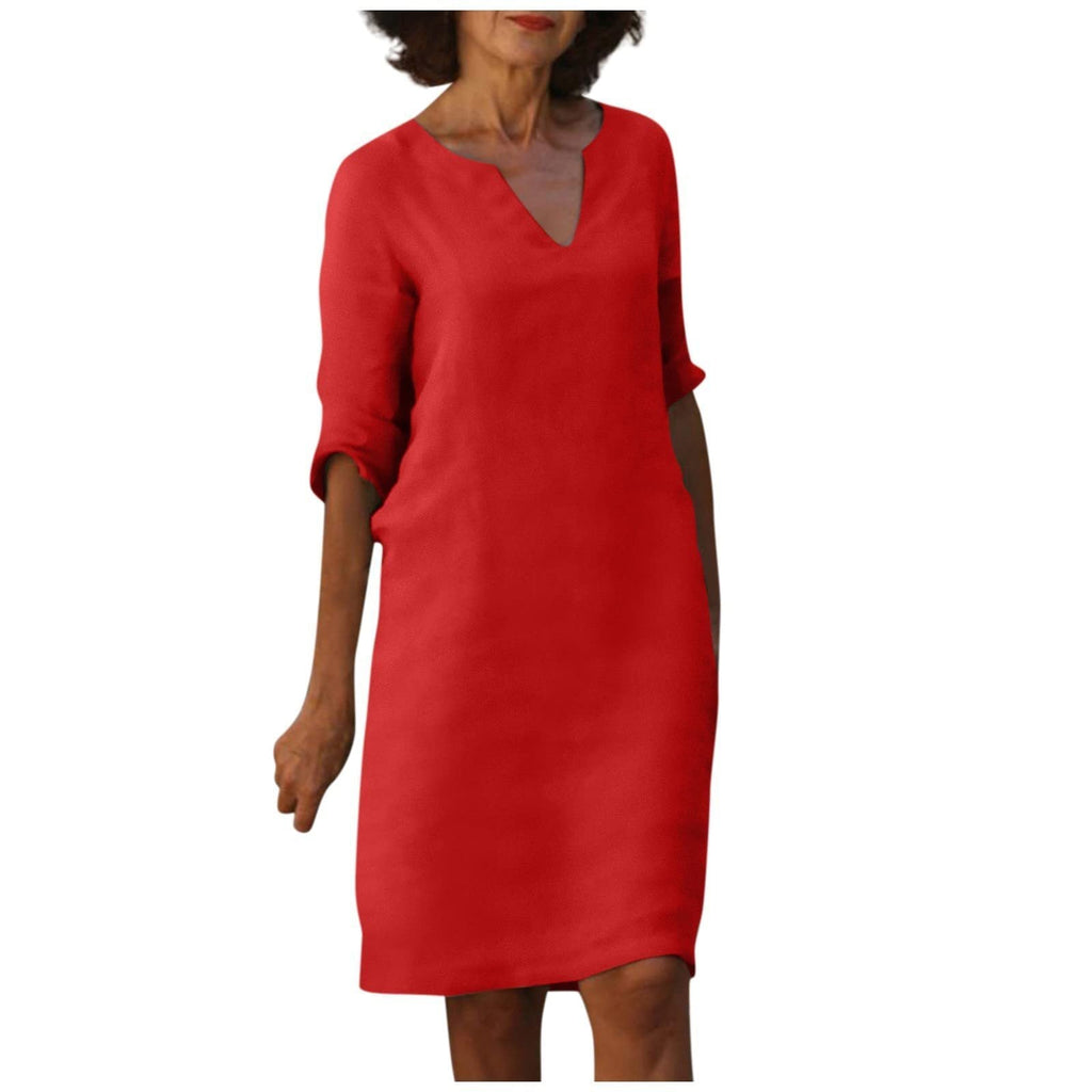 WW | Baumwolle und Leinen V-Ausschnitt Kleid Sommer Nähen Retro Hohe Taille Einfarbige Kleider
