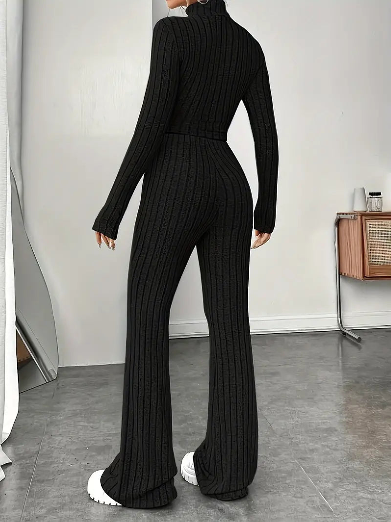 WW | Stilvolle Winter Chic Schwarzes Zweiteiliges Strickset Für Frauen