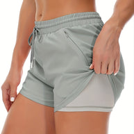 WW | Sportliche 2 in 1 Lauf Fitnessshorts in Einfarbig Mit Mehreren Taschen