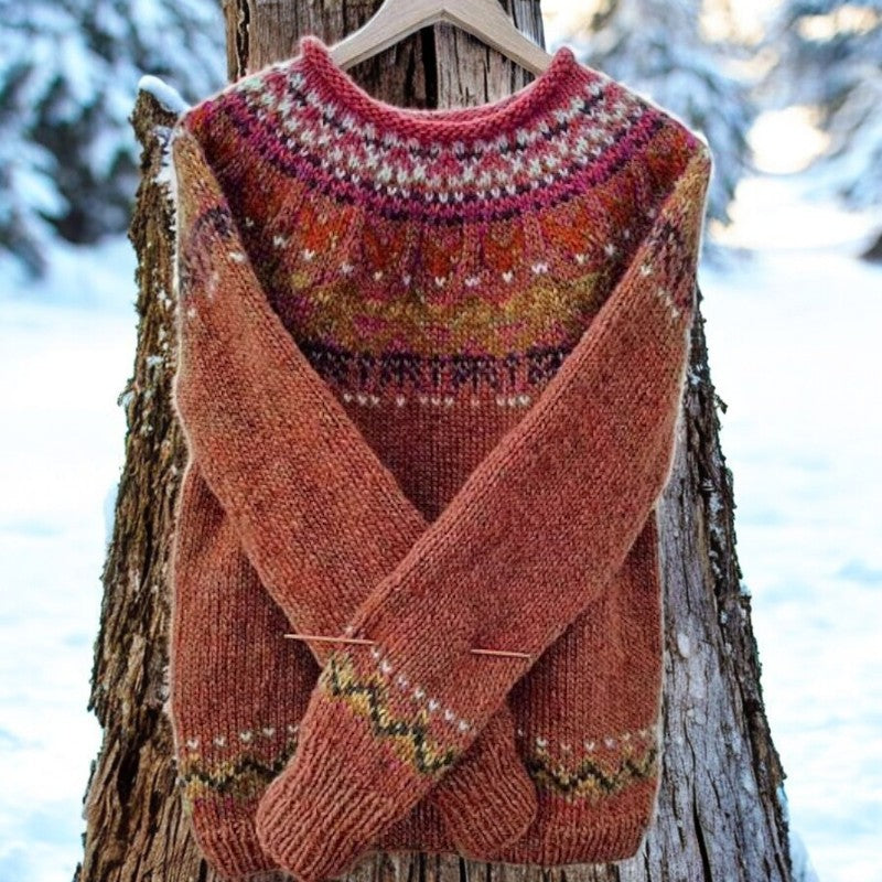 WW | Jahrgang Isländische Jacquard Pullover mit Rundem Hals