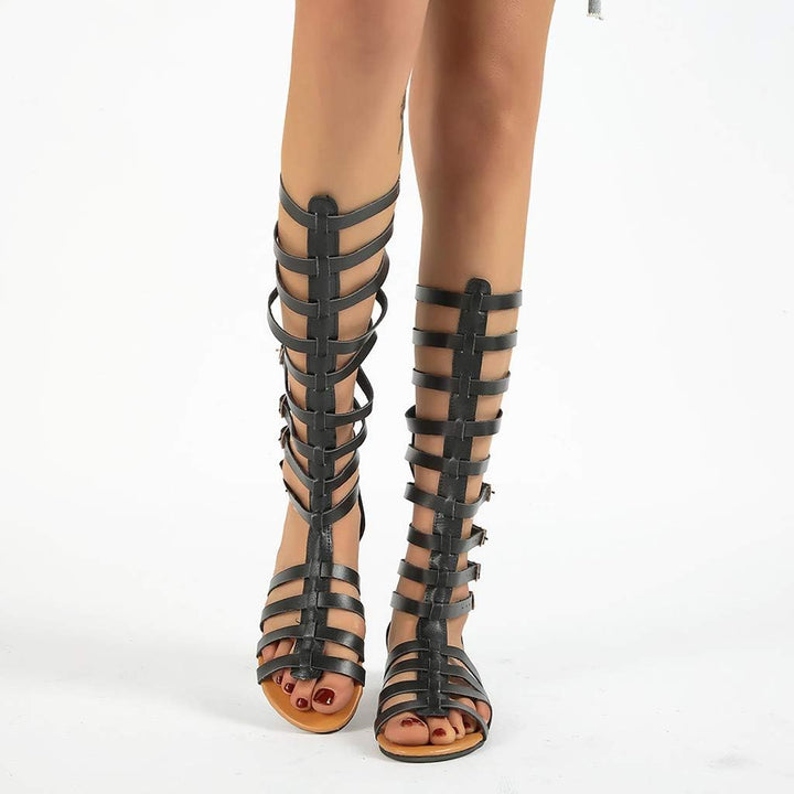 Damen-Gladiatorensandalen bis zum Knie mit Doppelschnallen