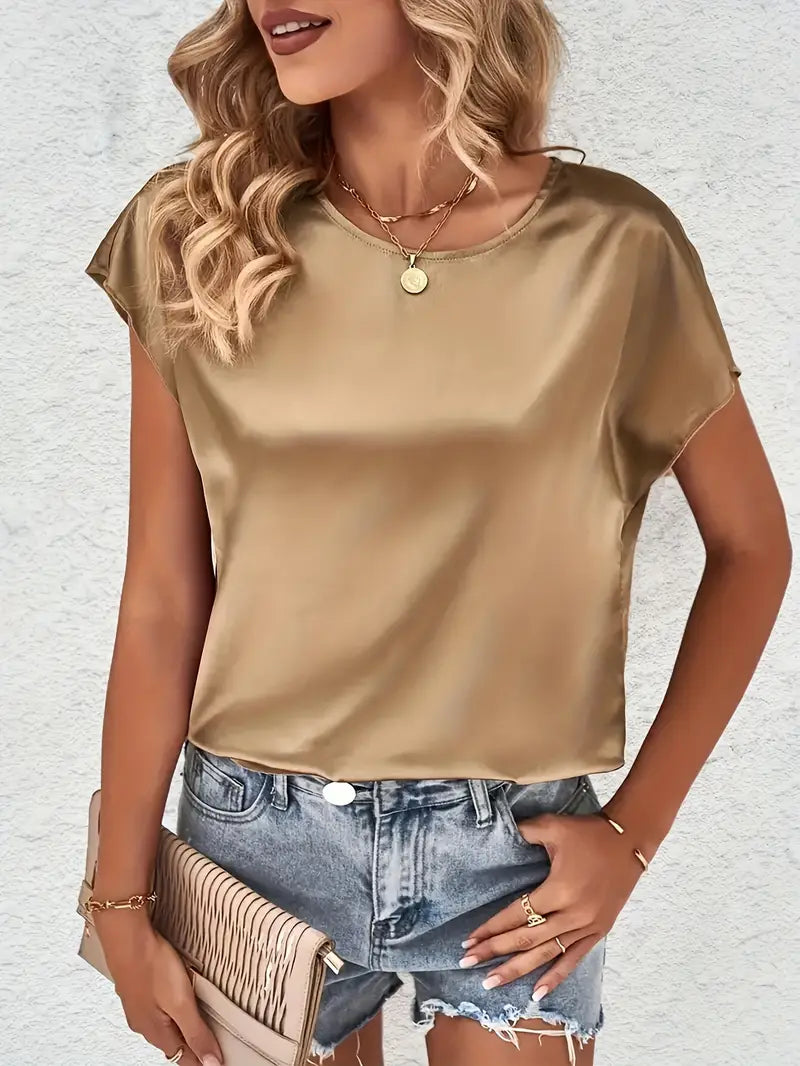 Damen Satin T-Shirt mit elegantem Wasserfall-Ausschnitt und schlichten Details WW