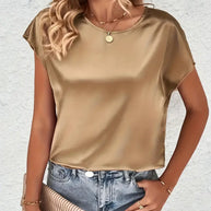 Damen Satin T-Shirt mit elegantem Wasserfall-Ausschnitt und schlichten Details WW