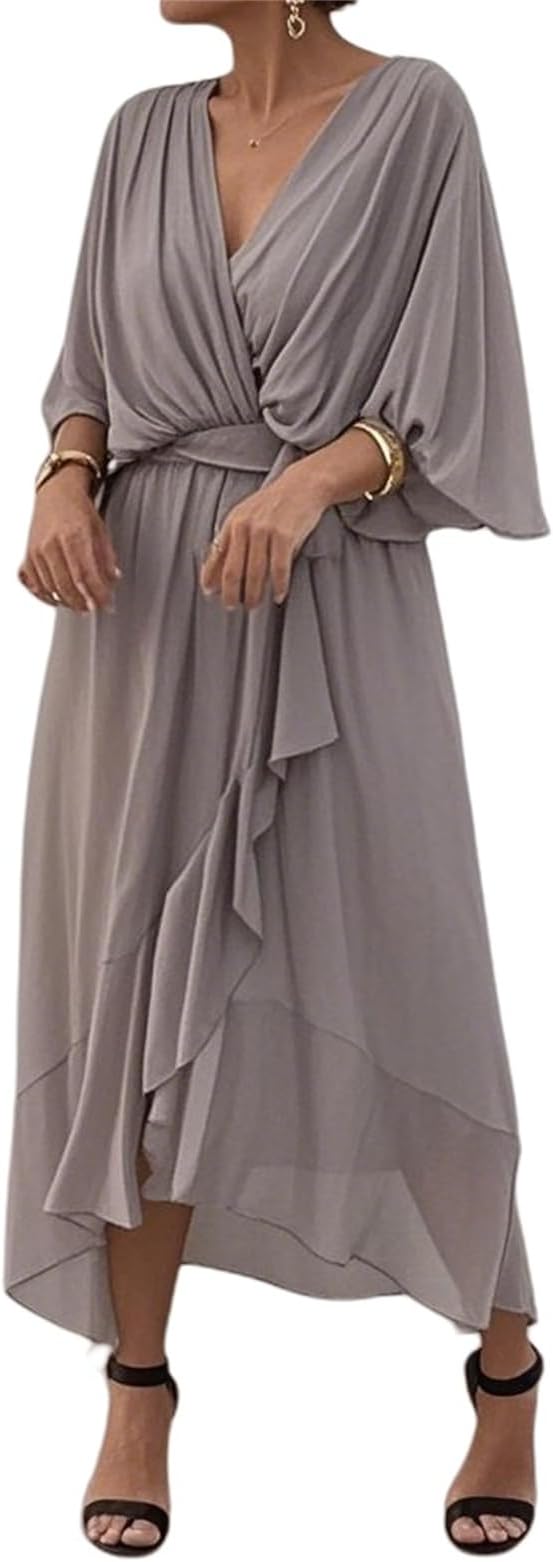 Damen-Chiffonkleid mit V-Ausschnitt, Bindegürtel und asymmetrischem Saum