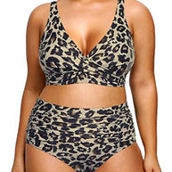 WW | Push up Hohe Taillierte Bauchkontrolle Plus Size Bikini Badeanzug Leopard