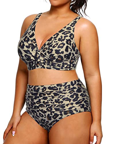 WW | Push up Hohe Taillierte Bauchkontrolle Plus Size Bikini Badeanzug Leopard