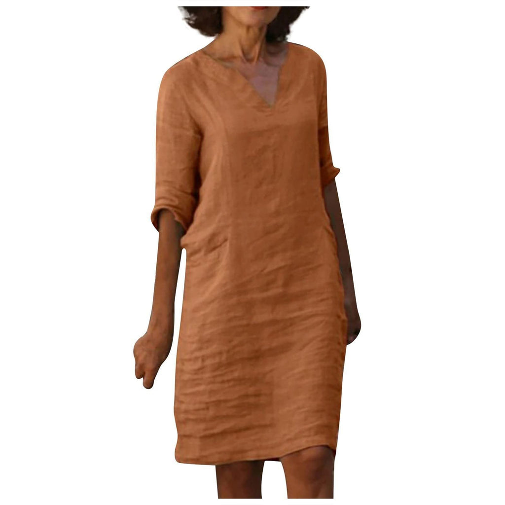 WW | Baumwolle und Leinen V-Ausschnitt Kleid Sommer Nähen Retro Hohe Taille Einfarbige Kleider