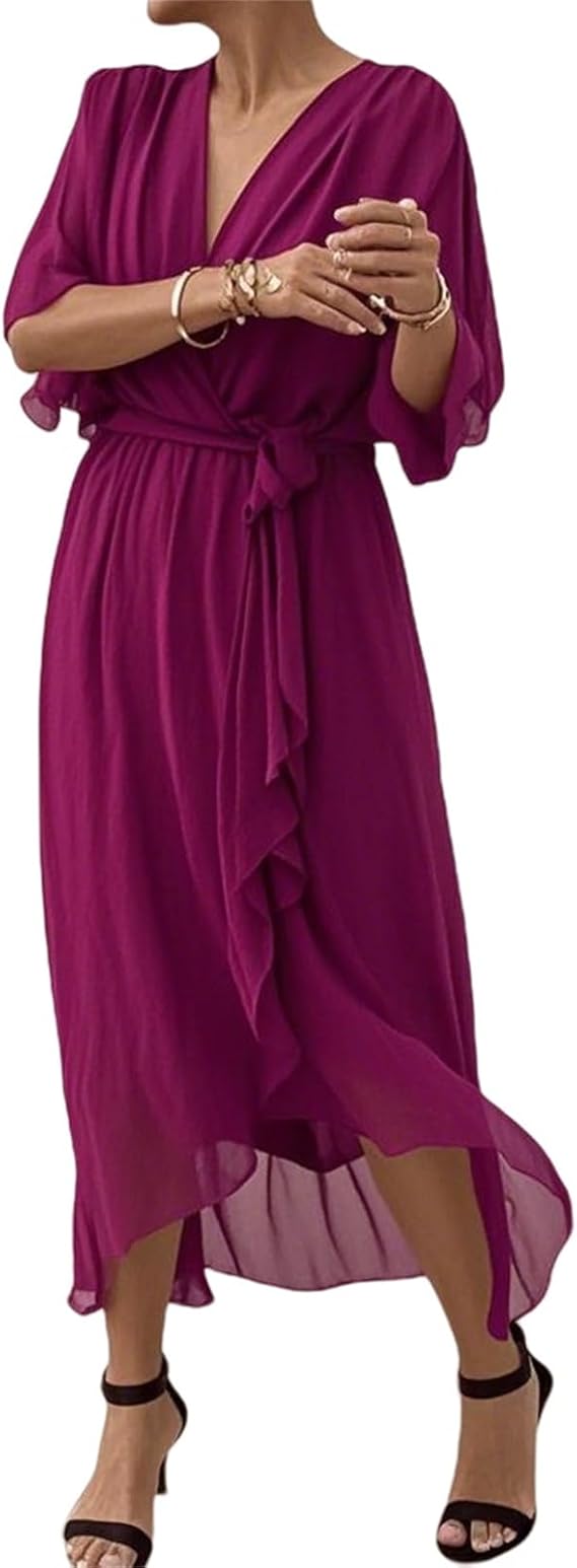 Damen-Chiffonkleid mit V-Ausschnitt, Bindegürtel und asymmetrischem Saum