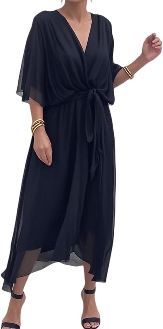 Damen-Chiffonkleid mit V-Ausschnitt, Bindegürtel und asymmetrischem Saum