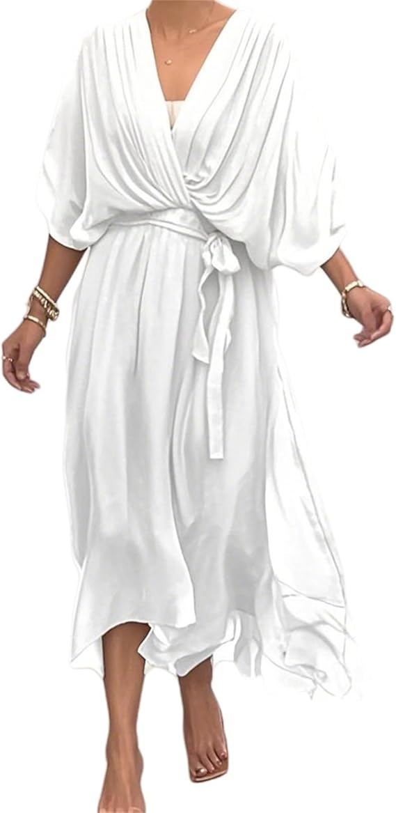 Damen-Chiffonkleid mit V-Ausschnitt, Bindegürtel und asymmetrischem Saum