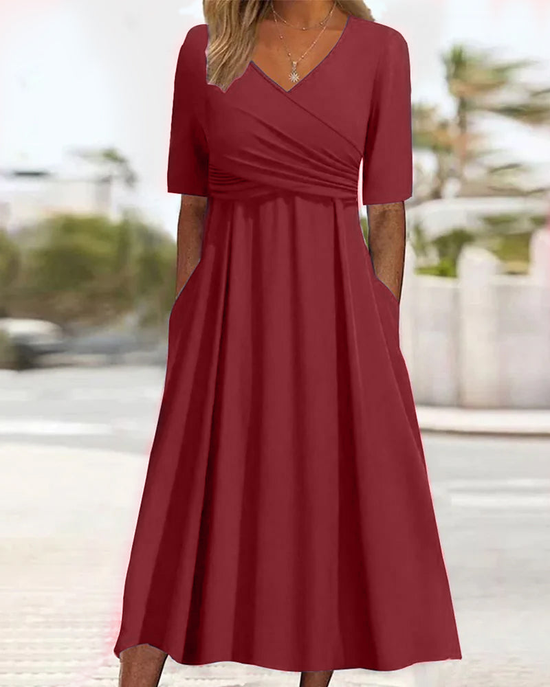 W&W Mode | Elegantes gekreuztes Midi-Kleid mit Taschen für Damen