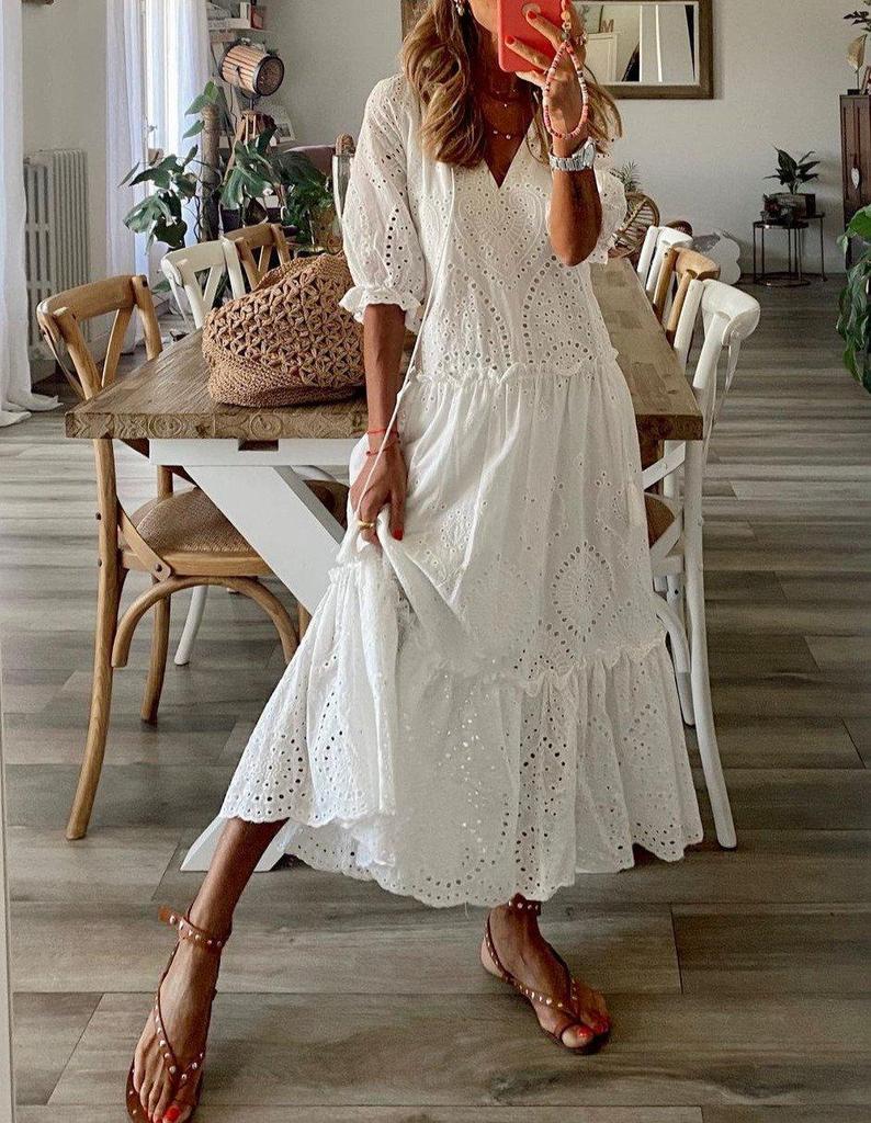 WW | Romantische Weiße Halbarm-Maxikleid
