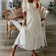WW | Romantische Weiße Halbarm-Maxikleid