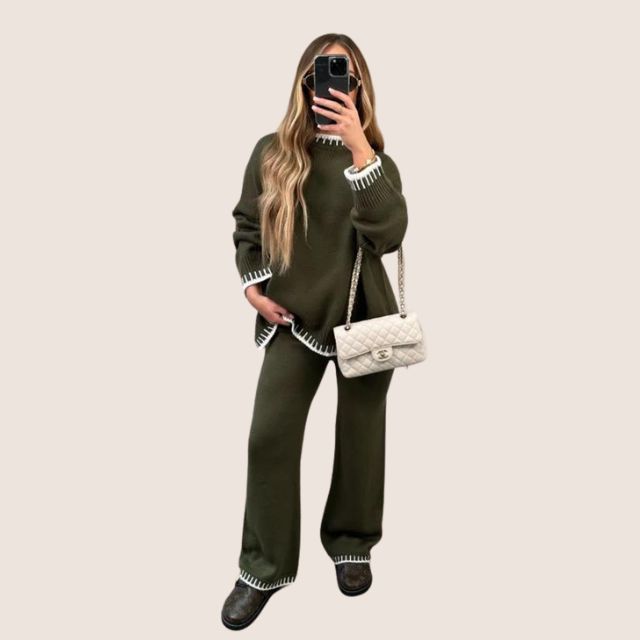 WW | Schickes Strick-Loungewear-Set mit Kontrastbesatz
