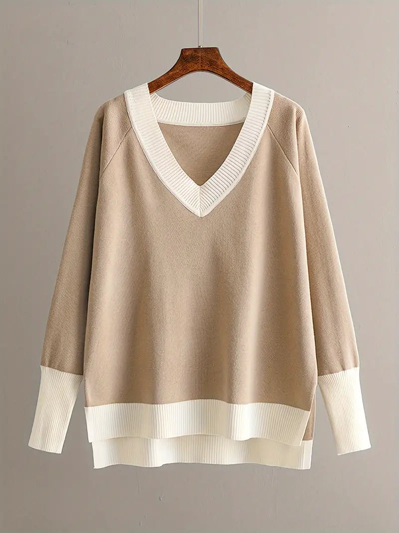WW | Stilvolles Set Aus Langärmligem Strickoberteil Und Hose Mit V-Ausschnitt