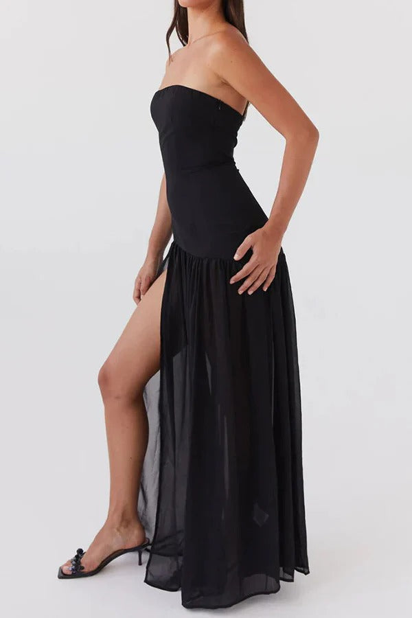 WW | Eden Patchwork Semi-Transparent Chiffon Strapless Maxi-Kleid