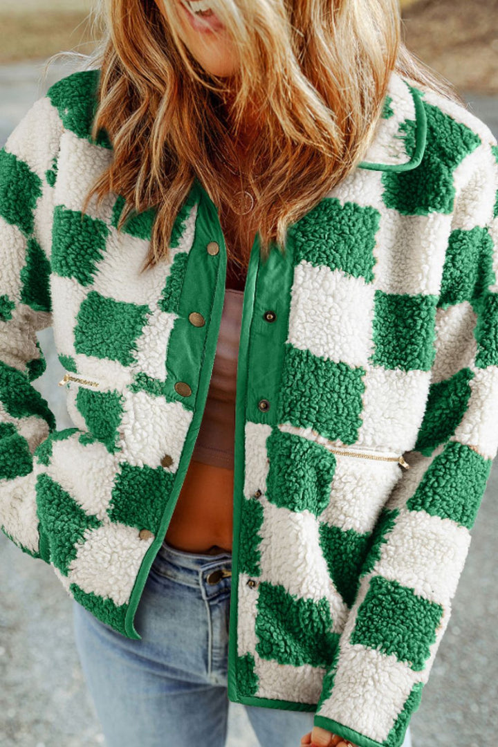W&W Mode | Lässige Herbst Grün Karierte Snap-Down Jacke für Frauen