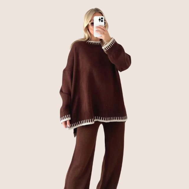 W&W Mode | Schickes Strick-Loungewear-Set mit Kontrastbesatz
