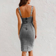 WW Träger-Jeanskleid mit U-Ausschnitt - Sommerliches, lässiges, eng anliegendes Slim-Fit-Kleid mit Schlitzdesign