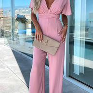 WW | Rosiedress Tiefer V-Ausschnitt Rüschensleeve Hoch Taille Weite Bein Jumpsuit