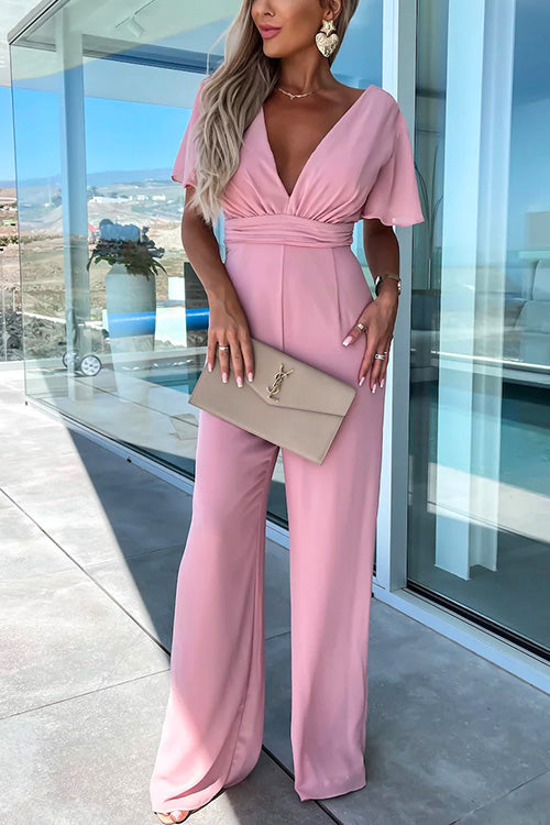 WW | Rosiedress Tiefer V-Ausschnitt Rüschensleeve Hoch Taille Weite Bein Jumpsuit