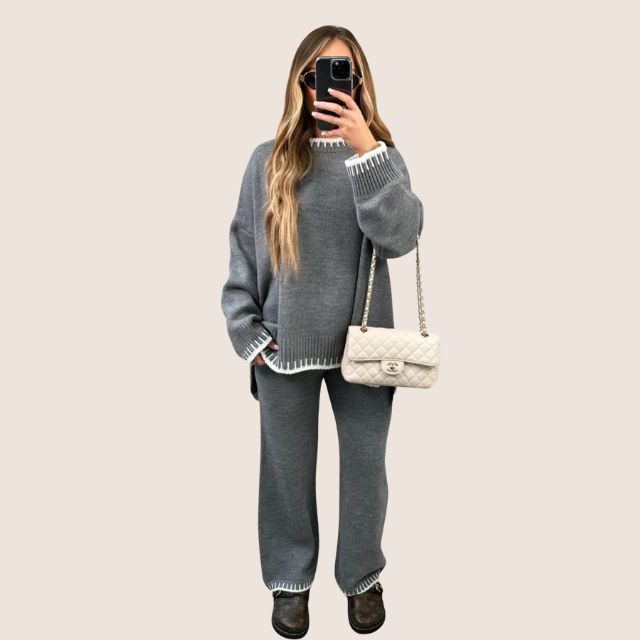 WW | Schickes Strick-Loungewear-Set mit Kontrastbesatz