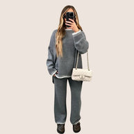 WW | Schickes Strick-Loungewear-Set mit Kontrastbesatz