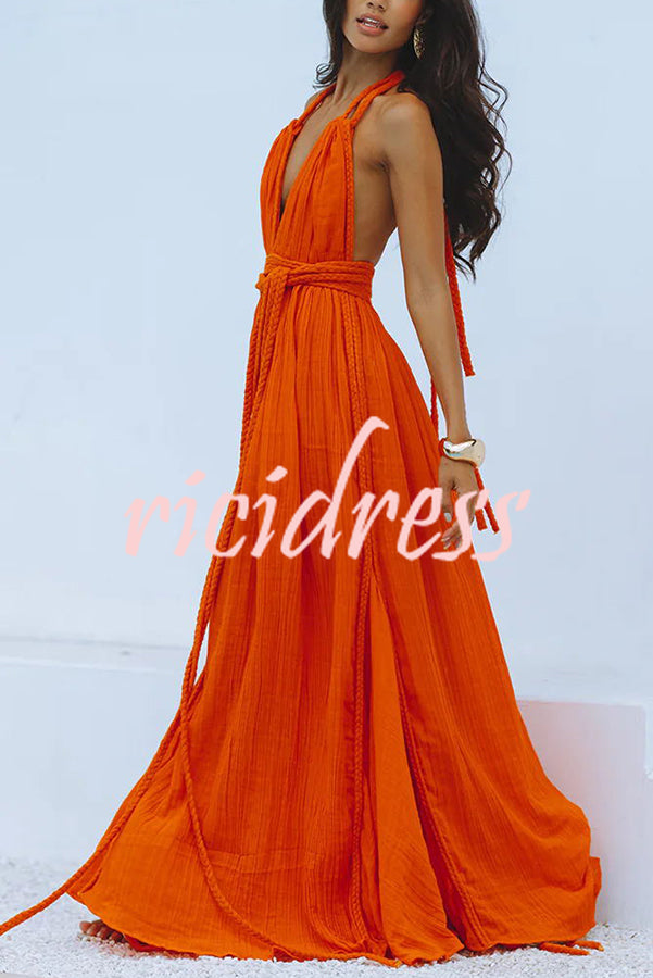 W&W Mode Whispers – Drapiertes Maxikleid aus Leinenmischung mit tiefem V-Ausschnitt, Neckholder und rückenfreiem Überzug