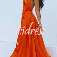 WW Whispers – Drapiertes Maxikleid aus Leinenmischung mit tiefem V-Ausschnitt, Neckholder und rückenfreiem Überzug