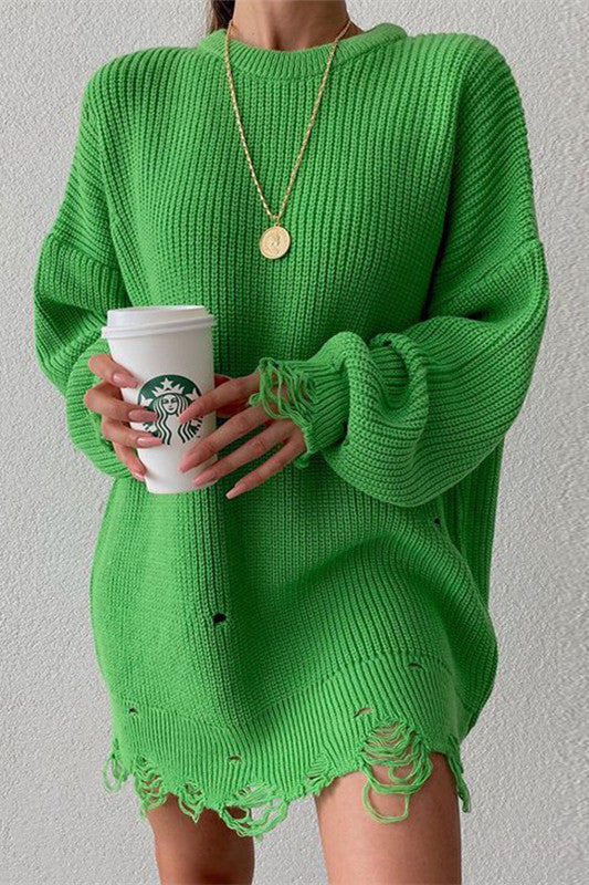 W&W Mode Ripped O Neck Oversized Sweater Kleid