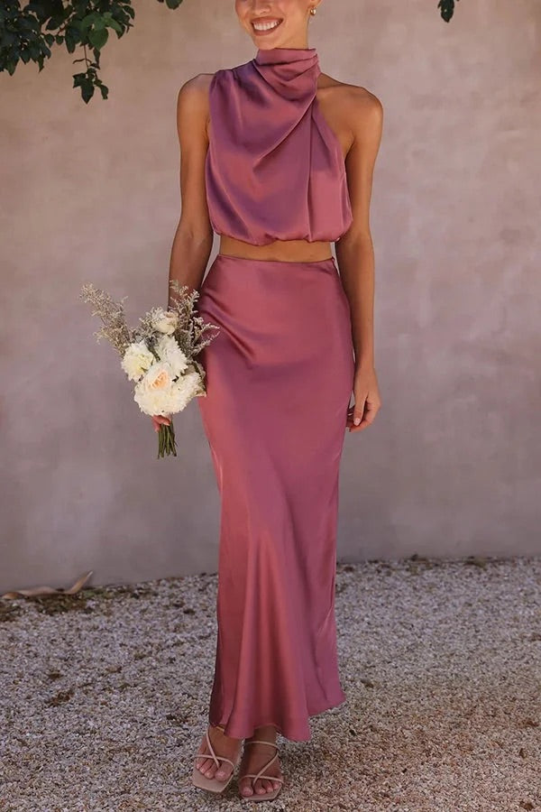 WW | Solch Eine Stimmung Hochgeschlossene Satin Drapiert Maxirock Set
