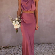WW | Solch Eine Stimmung Hochgeschlossene Satin Drapiert Maxirock Set