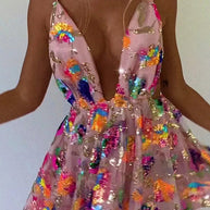 WW | V-Ausschnitt Offene Rücken Pailletten Blumen Binde A-Linie Mini Kleid