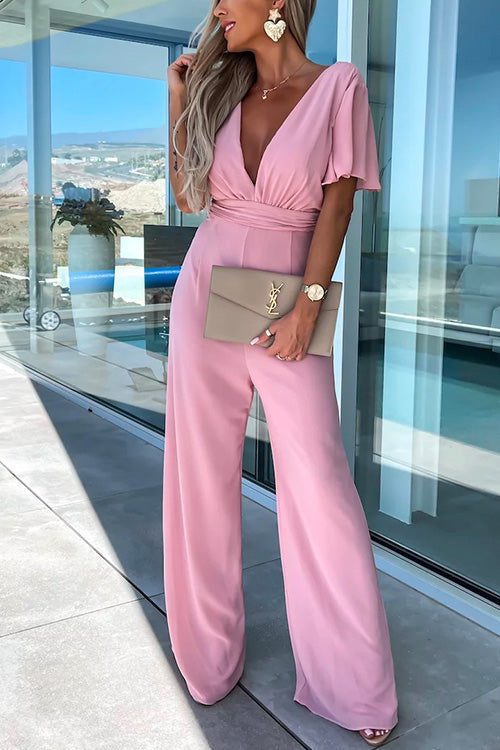 WW | Rosiedress Tiefer V-Ausschnitt Rüschensleeve Hoch Taille Weite Bein Jumpsuit