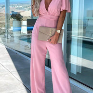 WW | Rosiedress Tiefer V-Ausschnitt Rüschensleeve Hoch Taille Weite Bein Jumpsuit