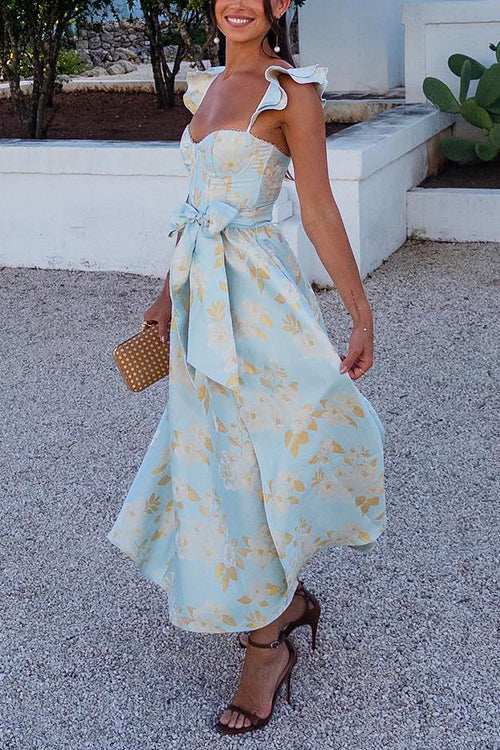 W&W Mode | Rosiedress Rüschenschulter Schleife Knoten Taille Schlitz Bedrucktes Vintage Party Kleid
